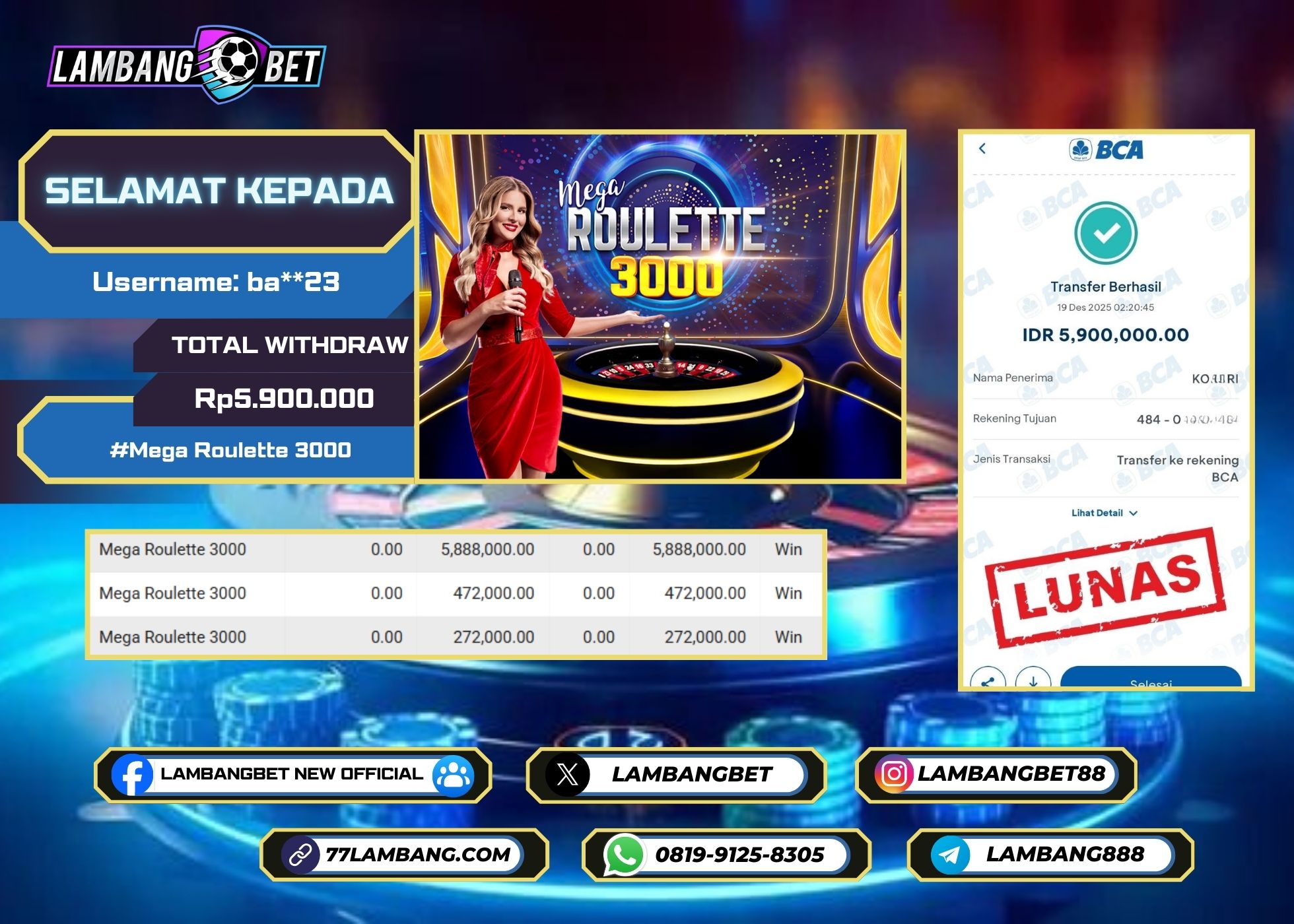 LAMBANGBET [19 DESEMBER 2025] JACKPOT PP LIVE DEALER Mega Roulette 3000 "Rp5.900.000" LUNAS